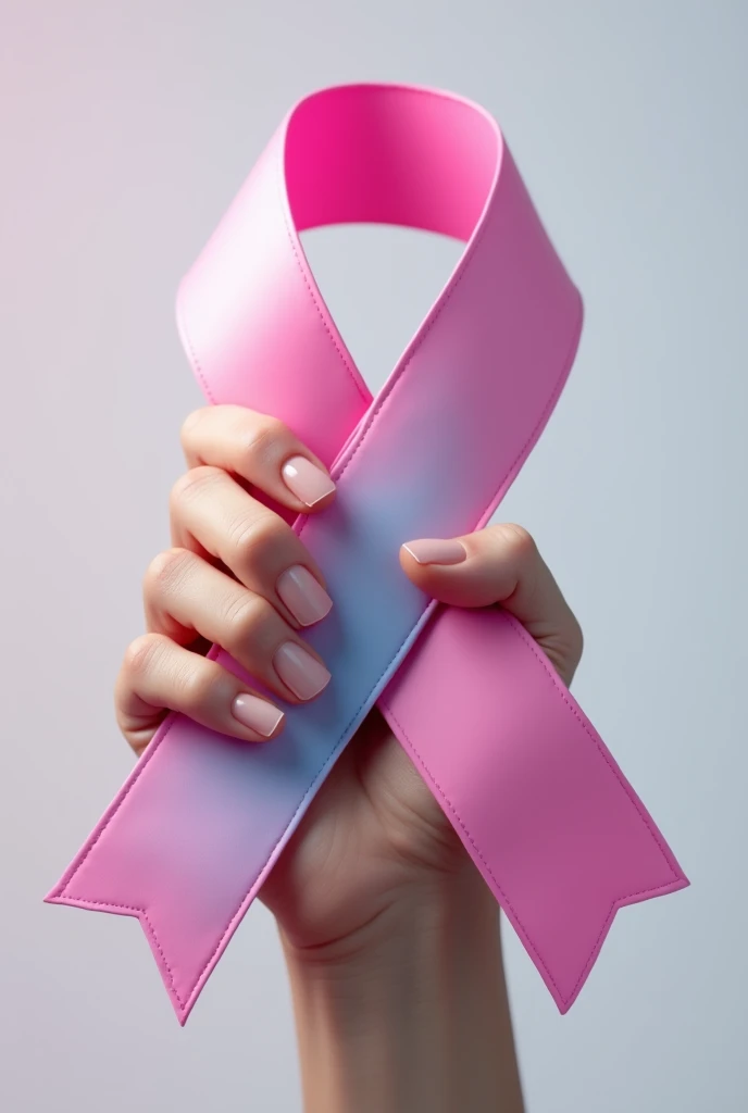 Build me a large realistic hand wrapped around a pink ribbon with light blue fading at the junction representing the breast cancer pink ribbon.