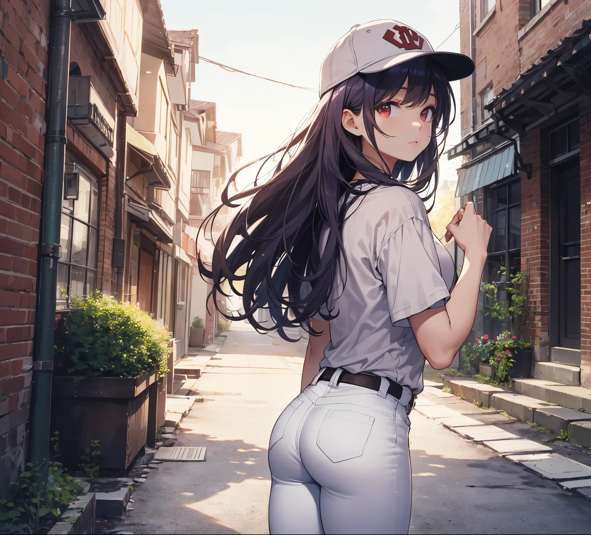 (Close-up:1.3),Realistic,Highest quality, Super detailed, High-quality CG rendering, The most delicate and beautiful, Floating softly, High resolution, (1 person), (Highest quality,4K,8k,masterpiece:1.2), Light purple hair,(Long Hair:1.5),Red eyes,(Pure white oversized short sleeve T-shirt:1.3),(Pure white skinny jeans:1.3),(Pure white baseball cap:1.3),In the city,old buildings,Narrow back alley,(front:1.3),(Are standing:1.3)