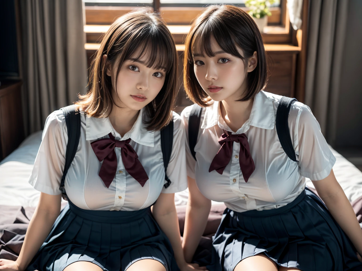 (RAW photo, 4k, masterpiece, high resolution, extremely complex) (realistic: 1.4), cinematic lighting
 ((2 girls, 2 schoolgirls)),Slam Dunk's,blushing,((innocent)),(Dark makeup),bright eyes,round eyes,blunt bangs,(short bob hair:1.3),black hair,large breasts,wide hips,Summer Noon, ,Hot, (Best Quality), (Highres), (an Extremely Delicate and Beautiful),(Beautiful 8k face),(Brown eyes),short bob hair,( spectators),(gigantic breasts),(Play with each other,Touching each other's bodies,Touching the body),(Japanese high school uniform:1.3),blue skirt,(reality),bright lighting,(The background is a luxury hotel room)