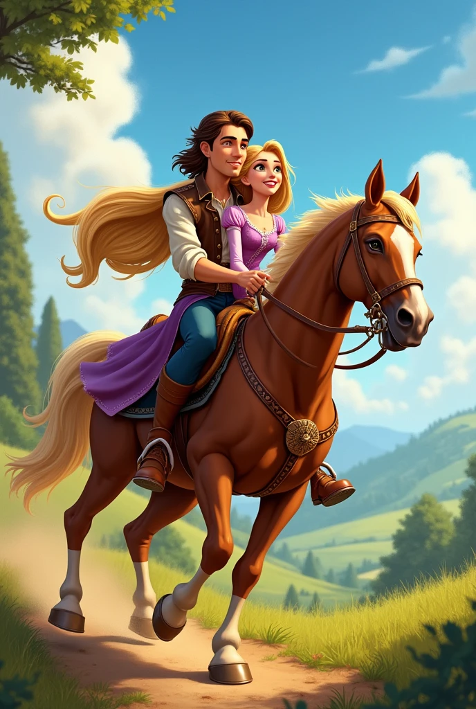 Rupunzel and Flynn Rider riding on his horse