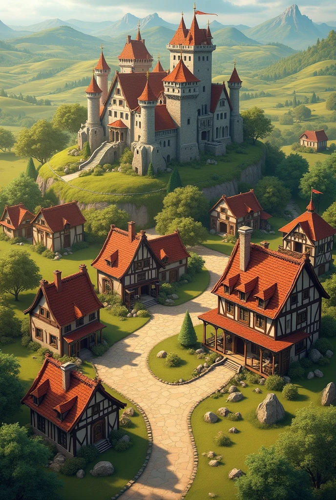 A medieval map Charming little houses: Attractive and detailed representations of small houses.
shopping center: Meticulously detailed, reflecting the vitality of trade.
 Bonnet Mansion: An imposing mansion with a wealth of details, highlighting-it on the map.
 splendid castle: A grand castle, full of fascinating details. 