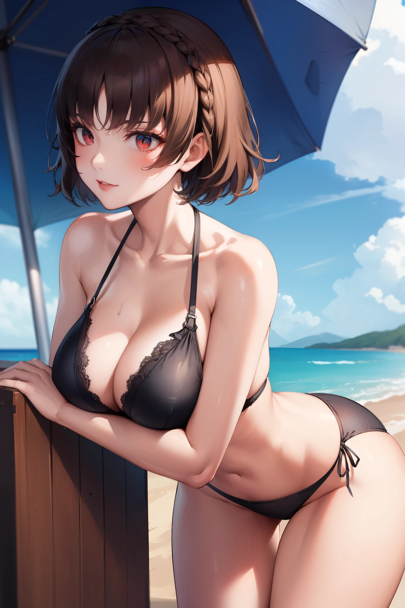 makotonijima, makoto nijima, blunt bangs, braid, brown hair, crown braid, (red eyes:1.3), short hair,
BREAK halterneck, see-through, sexy lace bikini,  beautiful pose 
BREAK looking at viewer,standing, leaning forward, breast 
BREAK outdoors, beach,
BREAK (masterpiece:1.2), best quality, high resolution, unity 8k wallpaper, (illustration:0.8), (beautiful detailed eyes:1.6), extremely detailed face, perfect lighting, extremely detailed CG, (perfect hands, perfect anatomy),