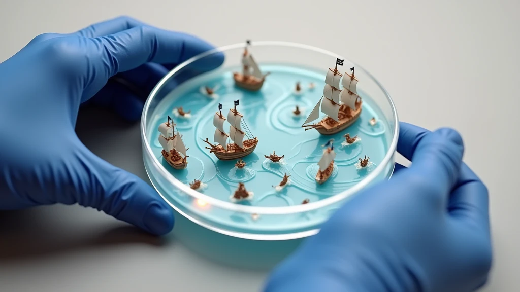 Draw a pirate ship battle on a petri dish