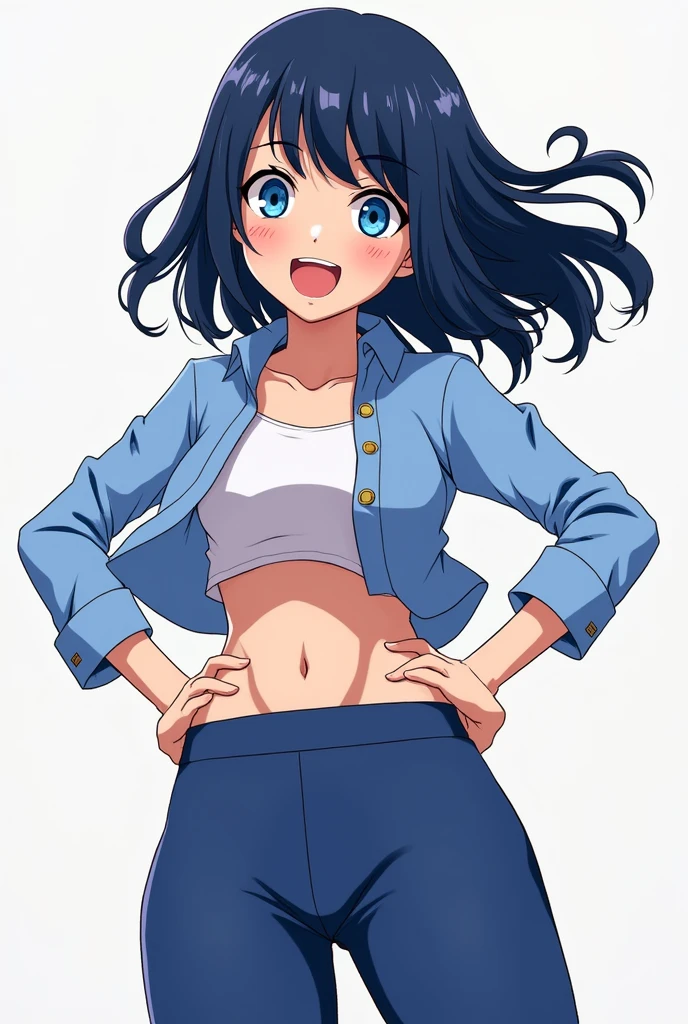 Himawari Uzumaki Anime Baroto)) Blue eyes)) Dark blue hair)) Blue long pants clothes))short shirt))open belly))