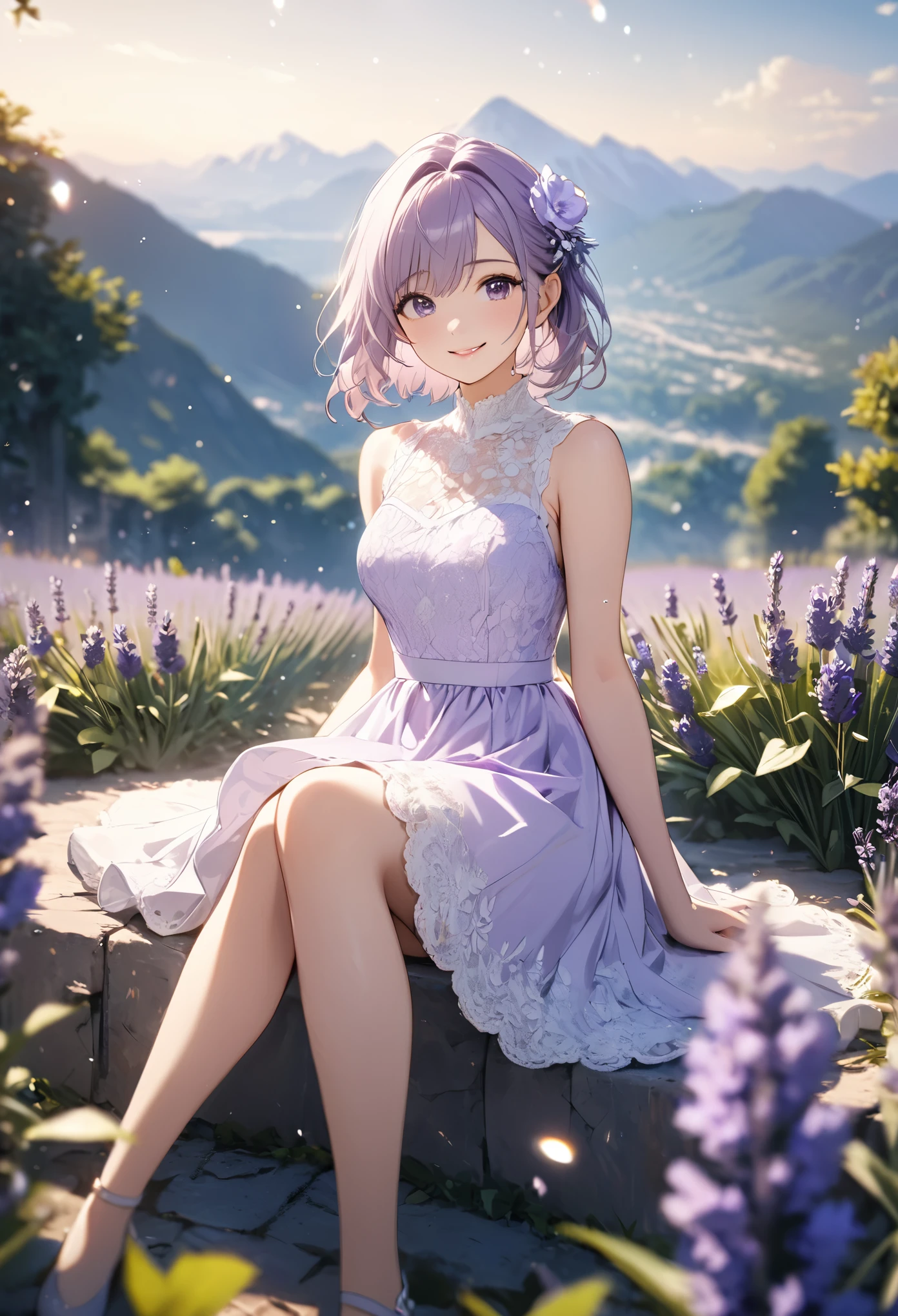 1girl,lavender,white short dress,lace dress,smile,flower garden,full body,sitting,mountains in the distance,light particles,(Depth of field,cinematic angle,cinematic lighting:1.2),blurry background,blurry foreground,(masterpiece:1.2),(best quality:1.2),(very aesthetic:1.2),(absurdres:1.2),(detailed background),newest,intricate details