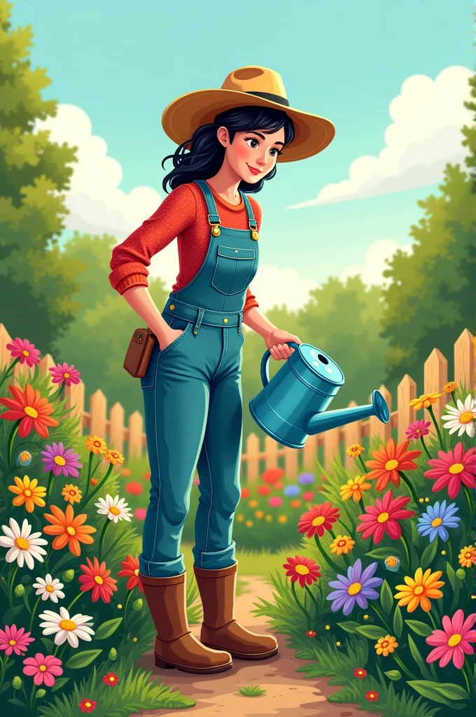 Generate a vector image of a gardener watering a colorful flower