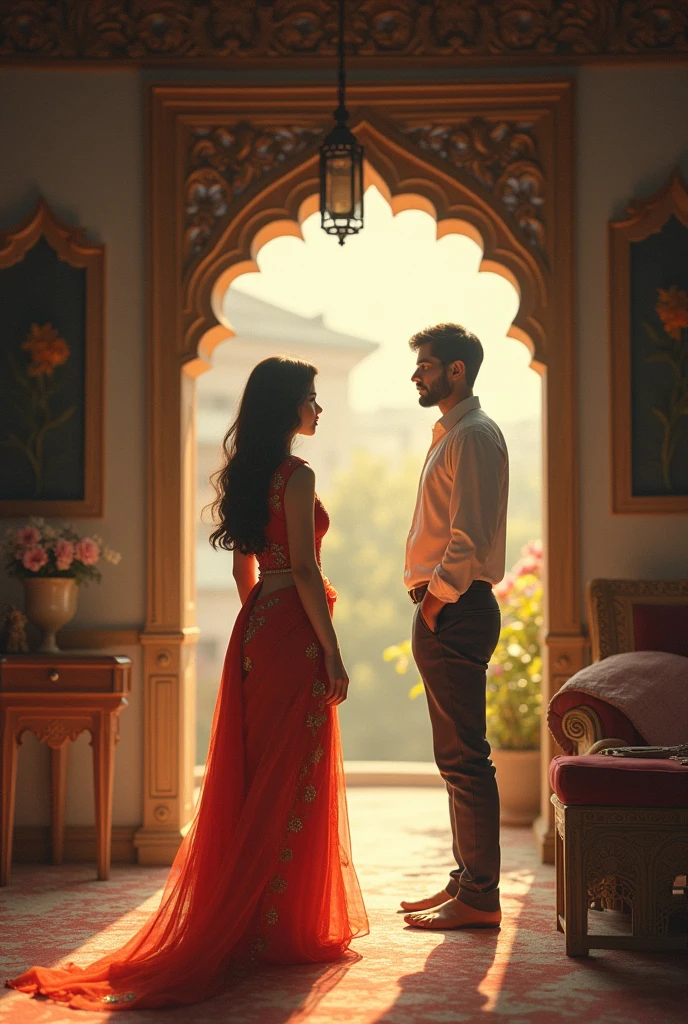 I need a Desi aesthetic photo without facial features, it's an image from backside and it should show how the girl is adoring the man and the man is unaware of it . It is set up in a Desi aesthetic set up like Indian or Pakistani.. no they should not be together. They both are afar and the girl is adoring where as the guy is unaware of it and it should be a old school house with Desi setup and with warm and pastel colours 