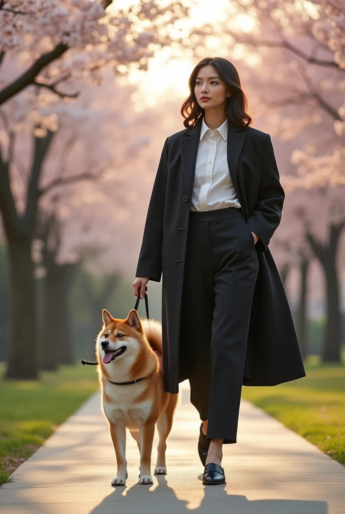 Premium, elegant, and minimalistic image of a sophisticated woman walking her Shiba Inu dog in a serene urban park, inspired by Japanese aesthetics. The scene captures the essence of tranquility and luxury, with the woman dressed in chic, minimalist fashion, perfectly aligned with the Yomi brand’s ethos. The park features clean lines and natural elements, including cherry blossoms softly lit by the evening glow. The image is shot at eye level with a Canon EOS R5 and an 85mm f/1.4 lens, focusing on the woman’s serene expression and the dog’s calm demeanor. The background is subtly blurred with a shallow depth of field, emphasizing the harmony between the subjects and their environment. The overall tone is warm, with soft shadows and a luxurious contrast, creating a sophisticated, emotionally resonant visual that embodies the premium identity of Yomi Pet Shop and Care.