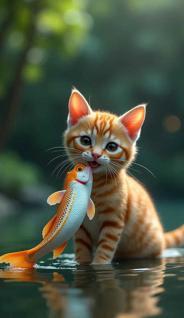 (photorealism:1.2), a lone cat joyfull with fish