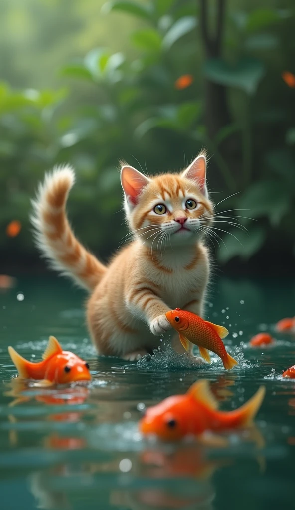 (photorealism:1.2), a lone cat joyfull with fish