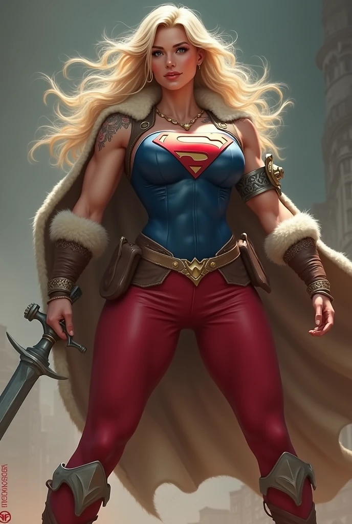 ((((Supergirl Woman of thick build with muscles in arms and legs)))),(((A beautiful woman with long blonde hair ruffled by the wind))),(((Blue corset with wide brown leather harness)))),((((Red legis)))),((((Red boots on sheepdog con borde)))),(((Sheepskin on his shoulders))),(((Tattoos on one of his arms)))),((((Giant Broad-Brimmed Sword)))),(((Red legis))),(((Red boots on sheepdog))),(((Blue corset with Supergirl emblem )))),((((Silver-colored metal bracelets oscuros)))),((((woman with a thick build, muscular arms and legs)))),((((Silver-colored metal bracelets))),(((((Sheepskin on his shoulders and cape)))))