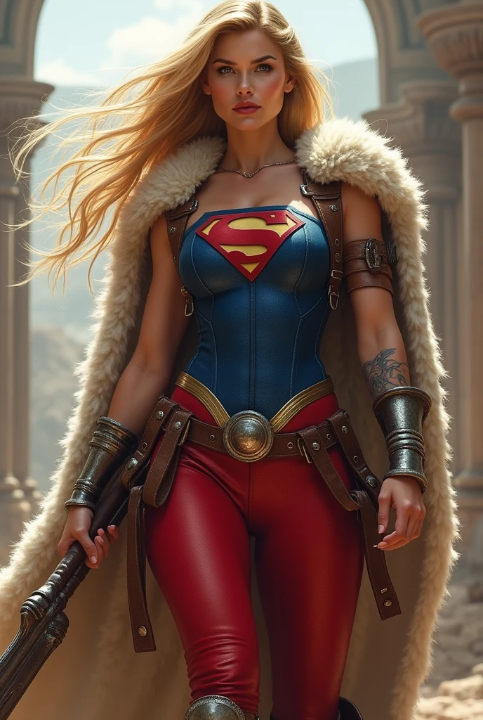 ((((Supergirl Woman of thick build with muscles in arms and legs)))),(((A beautiful woman with long blonde hair ruffled by the wind))),(((Blue corset with wide brown leather harness)))),((((Red legis)))),((((Red boots on sheepdog con borde)))),(((Sheepskin on his shoulders))),(((Tattoos on one of his arms)))),((((Giant Broad-Brimmed Sword)))),(((Red legis))),(((Red boots on sheepdog))),(((Blue corset with Supergirl emblem )))),((((Silver-colored metal bracelets oscuros)))),((((woman with a thick build, muscular arms and legs)))),((((Silver-colored metal bracelets))),(((((Sheepskin on his shoulders and cape)))))