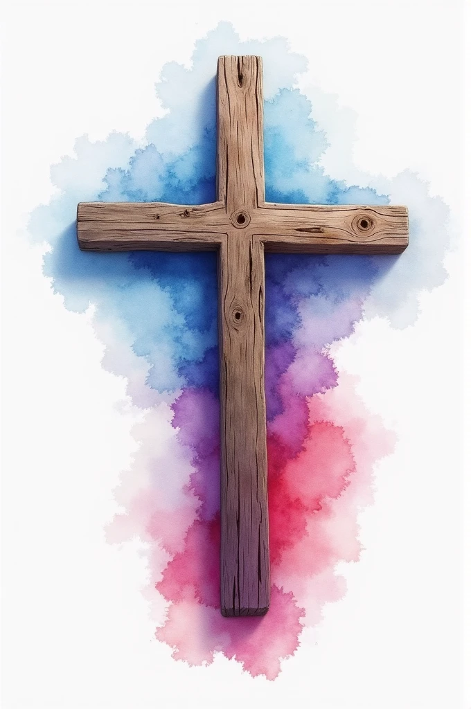 Create a watercolor image of the colors of the Tabernacle fabrics, cerulean, purpura, scarlet and white along with a rustic wooden cross