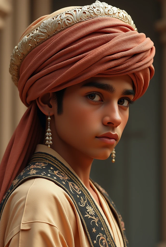 3D wallpaper of handsome Arab youth wearing a turban on his head, side view