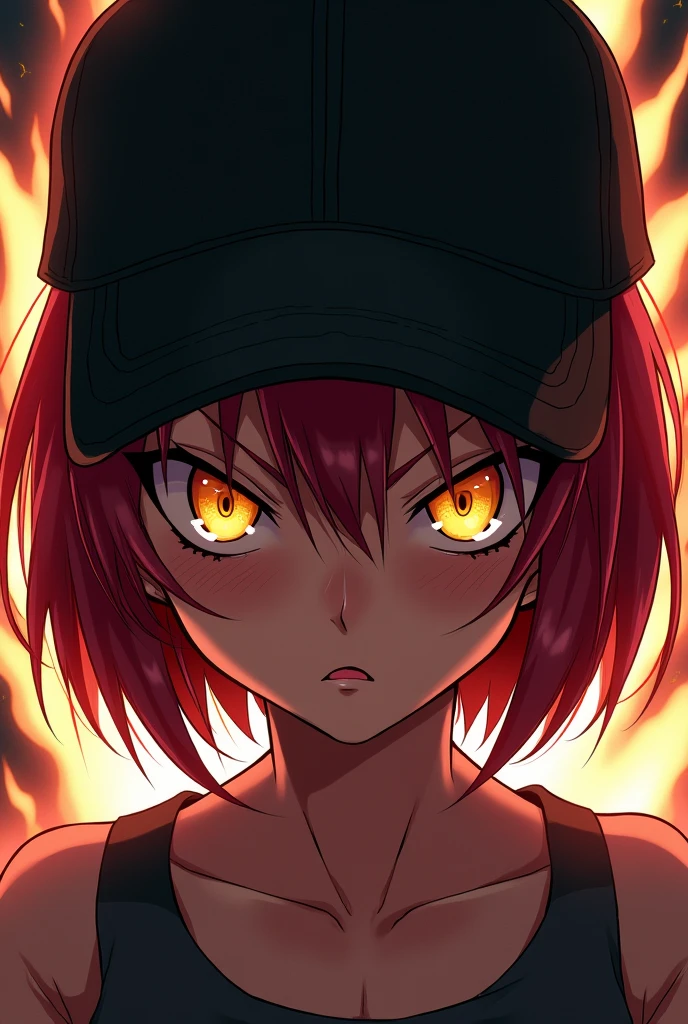 POV super close up of a fearless angry anime girl with yellow eyes, bobbed red hair and a black baseball hat. Half of her face is shadowed by her hat and the perspective. She is gazing with an intimidating determination, looking almost creepy in her mighty presence. It seems she is emanating some sort of tangible energy around her. Anime style, drawing, digital art, illustration