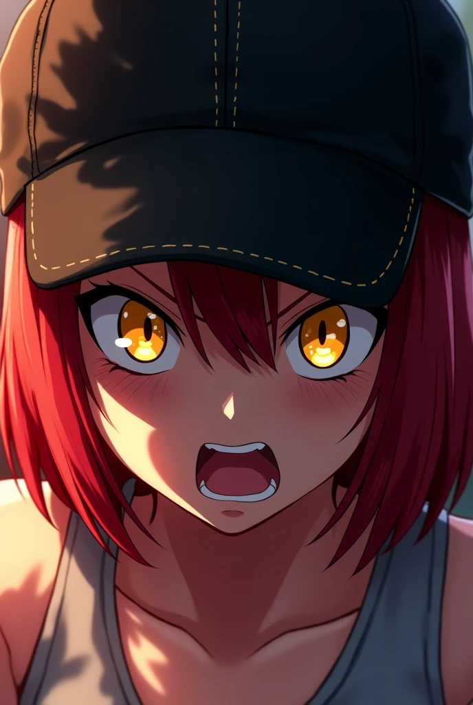 POV super close up of a fearless angry anime girl with yellow eyes, bobbed red hair and a black baseball hat. Half of her face is shadowed by her hat and the perspective. She is gazing with an intimidating determination, looking almost creepy in her mighty presence. It seems she is emanating some sort of tangible energy around her. Anime style, drawing, digital art, illustration