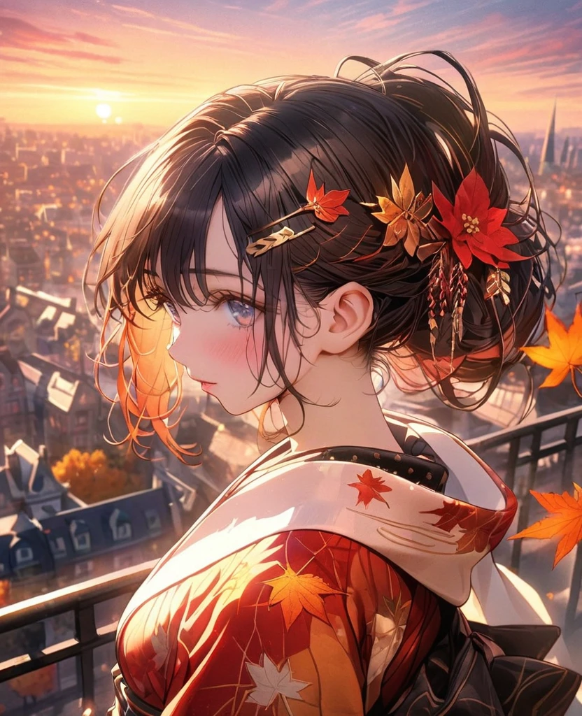 8k,Ephemeral beauty,、Very delicate and beautiful,Beautiful and realistic skin,,Black Hair、Long and colorful hair,Beautiful Eyes,good,Beautiful sunset、カジュアルなautumn服、autumn、city、Simple updo、hairpin