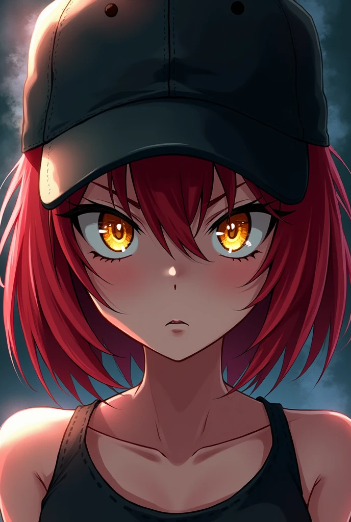 POV super close up of a fearless angry anime girl with yellow eyes, bobbed red hair and a black baseball hat. Half of her face is shadowed by her hat and the perspective. She is gazing with an intimidating determination, looking almost creepy in her mighty presence. It seems she is emanating some sort of tangible energy around her. Anime style, drawing, digital art, illustration