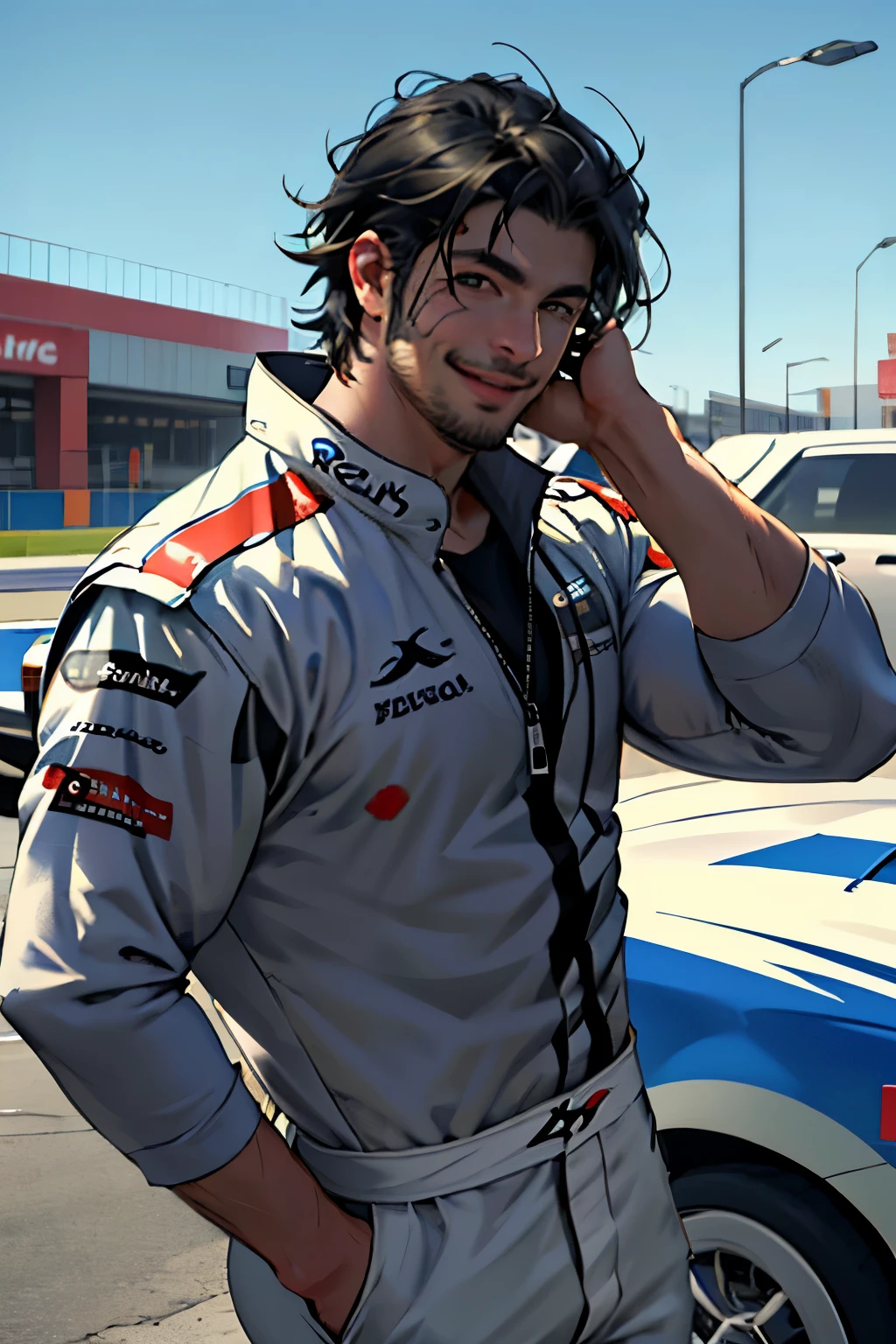 (photorealism:1.2), ((Best Quality)), ((masterpiece)), (detailed), create this character Joaquin "Joaco" Pereyra, 36 years, from Cordoba Capital, argentina, Dark and messy hair, athletic body but not extremely muscular, and a smile that usually leaves everyone enchanted. He is homosexual, has never felt the need to hide his orientation, Although he has not sought a serious relationship either. Their attitude towards love is carefree and fun-focused., charismatic, relaxed, funny. He has an uninhibited attitude, He likes to enjoy the moment and takes life with humor.. He is ironic and knows how to handle himself in a world dominated by machismo without losing his essence.. Not tied to any relationship, which has earned him the fame of "flower pick". He is an illegal car racing driver