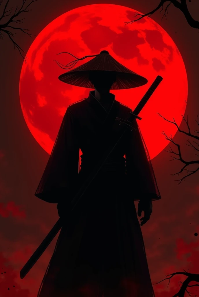Demon Slayer riichi Tsugikuni。silhouette,There is a red moon in the background、Show me the sword、He is wearing a straw hat,The color is black.、The moon is in the center of the body、No Face。The moon is smiling like a devil,