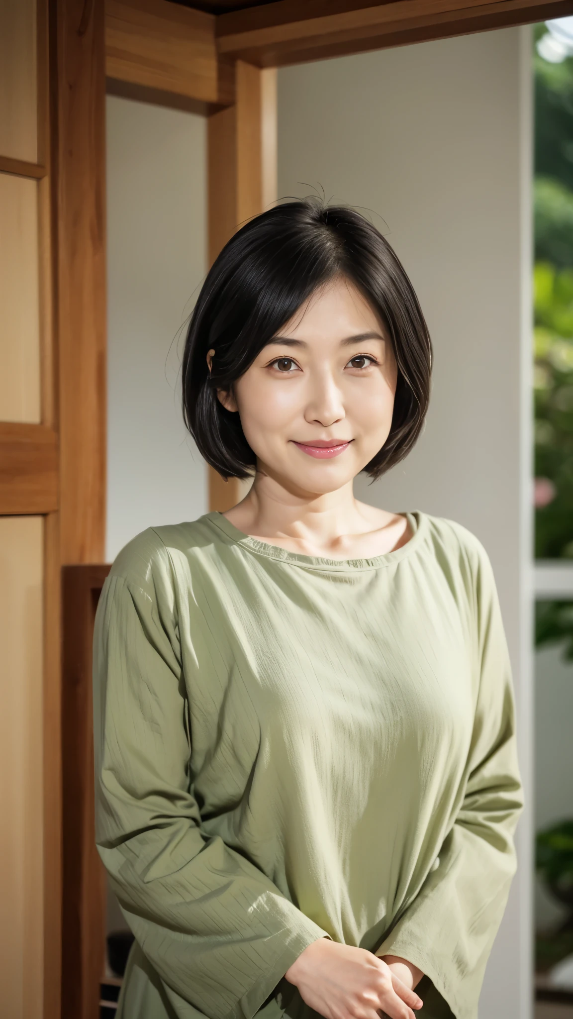 Portrait、8k、high quality、realistic photo images、24-years-old、japanese woman、neat wife、、housewife、Reproduces natural and realistic eyes、japanese stand、beautiful black hair、short hair、light makeup、octane rendering、beautiful lighting、composition of golden ratio、laughter、everyday wear、casual clothes、natural background、blurred background、High level image quality、Pure Japanese humanity、beautiful wife、Upper body、light makeup、No makeup、pure beauty、plain clothes、grey、beige、green、Plain color、casual clothes、slight smile、small black eyes、background bokeh