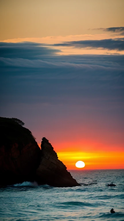 A breathtaking scene of a giant green dragon emerging from the ocean at sunset. The skies are filled with vibrant orange and pink hues, casting a warm glow on the water. Smoke rises dramatically from the ocean as the dragon breaks the surface. On the shore, seven people dressed in traditional ninja outfits stand in awe, watching the colossal creature. The scene is filled with tension and wonder, with the glowing sunset reflecting off the dragon's scales and the ocean mist swirling around them