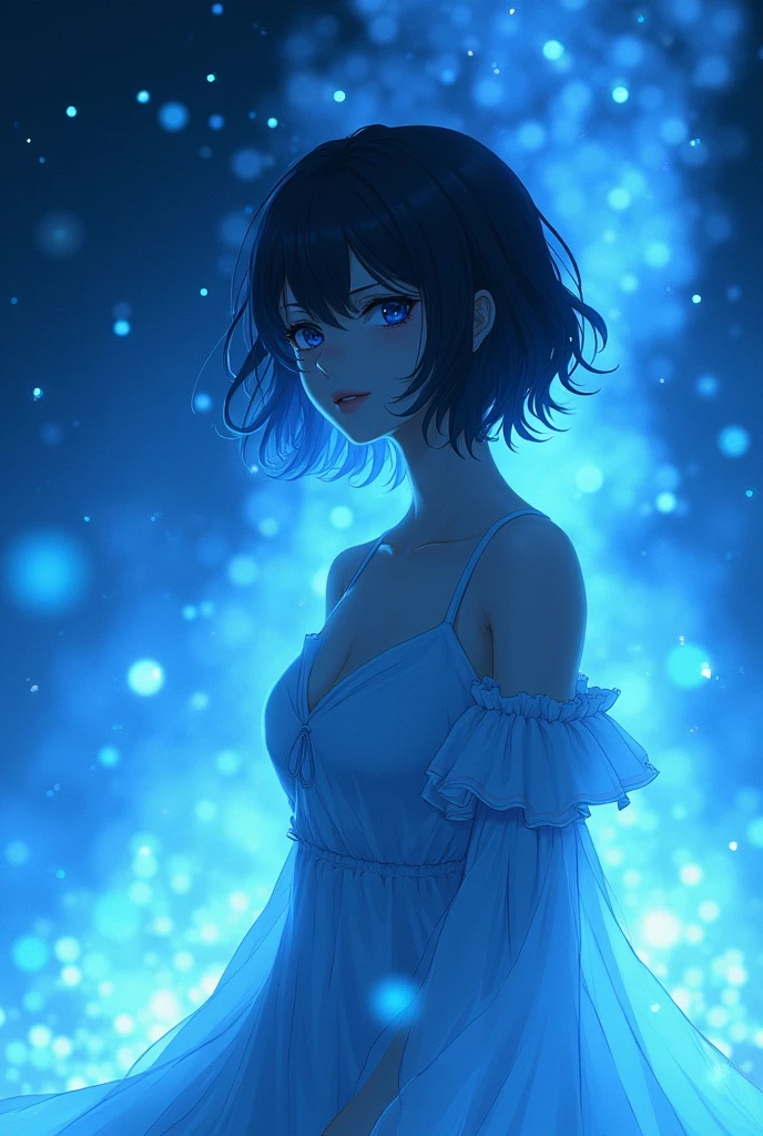 Anime character with expressionless face stunning setting blue light particles
