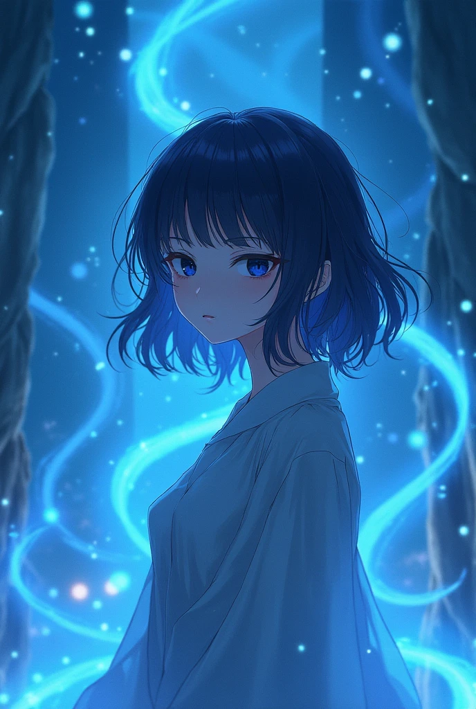 Anime character with expressionless face stunning setting blue light particles  