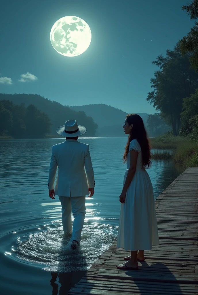 indigenous man in a white suit and hat entering the water and a woman looking at the riverbank on the boardwalk of the Bragança do Pará waterfront ON A FULL MOON NIGHT