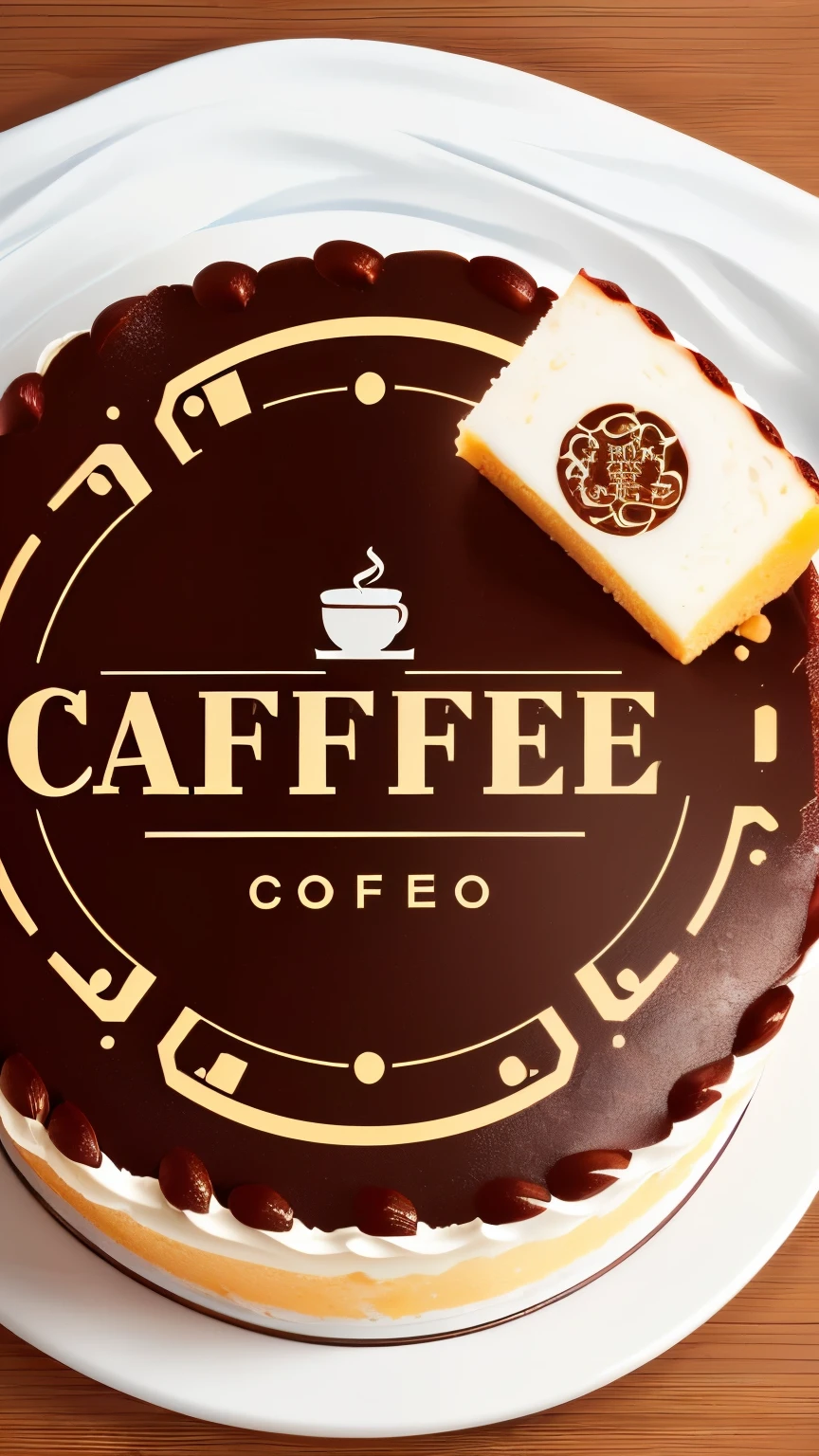 A cake coffee shop logo，LOGO is a top view，Round，The logo font is Su Mei，English Soulmate