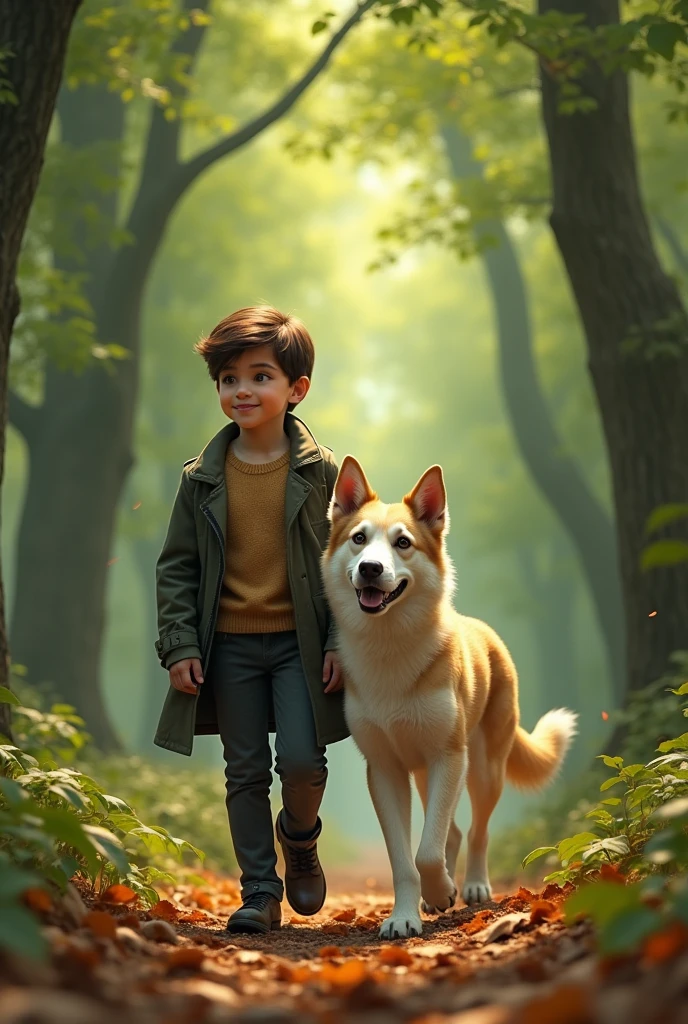 the boy walk with dog in the forest,stylish pose.