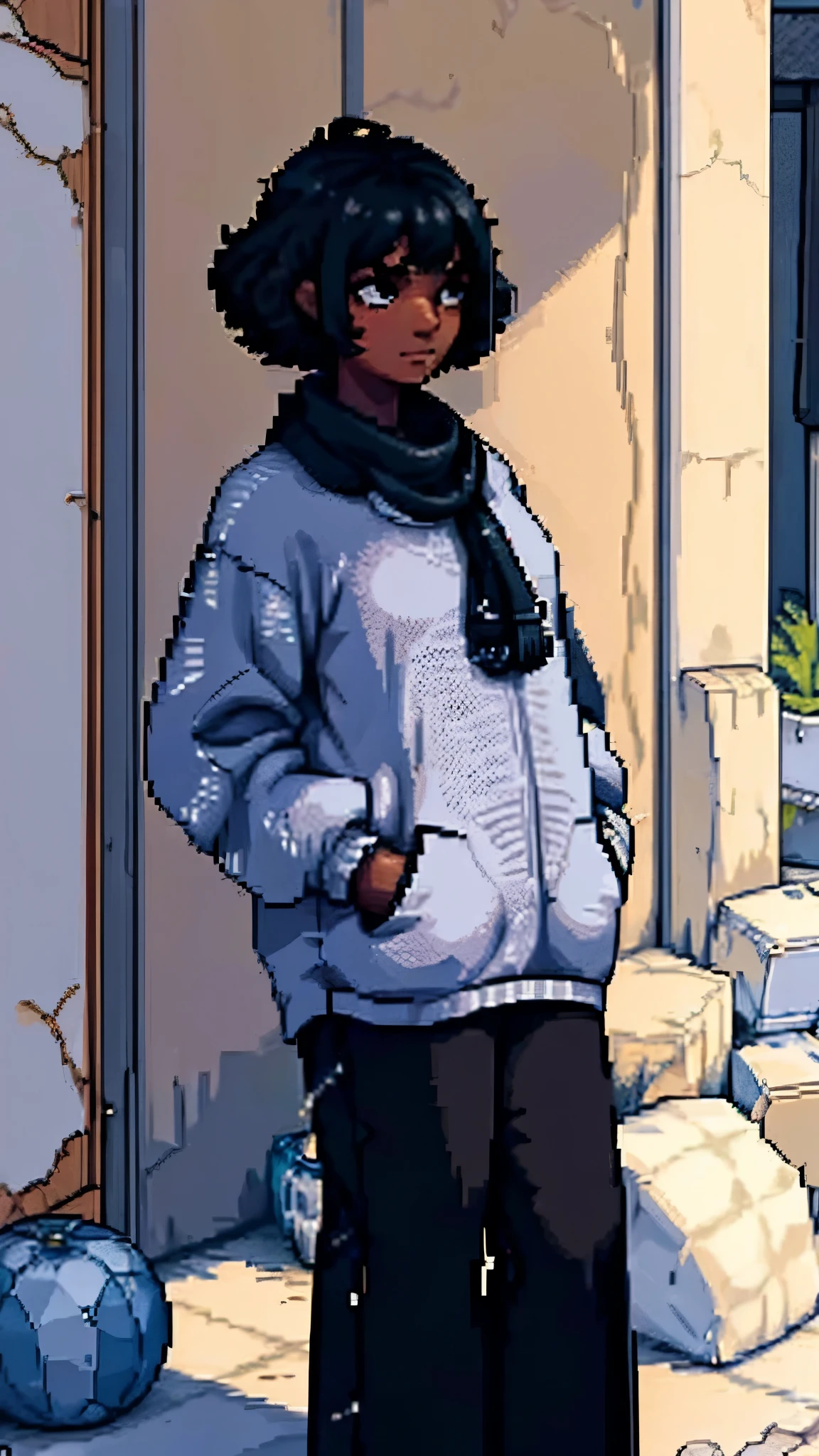 A portrait with a woman with dark skin and curly short hair with a look of determination and curiosity. She is wearing a loose sweater., which can be black or dark blue, with a modern and elegant design. 
She has her hands in her blouse pockets, giving an air of relaxation and introspection. . The young woman observes the immensity with a mixture of admiration and contemplation., absorbing the beauty and tranquility that the place offers.