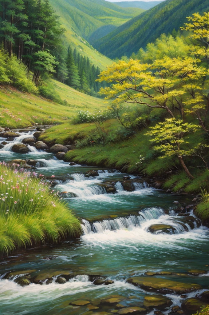 Gentle mountain stream、Landscape painting、