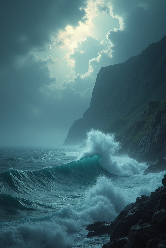 stormy seas and a giant storm and zeus flying