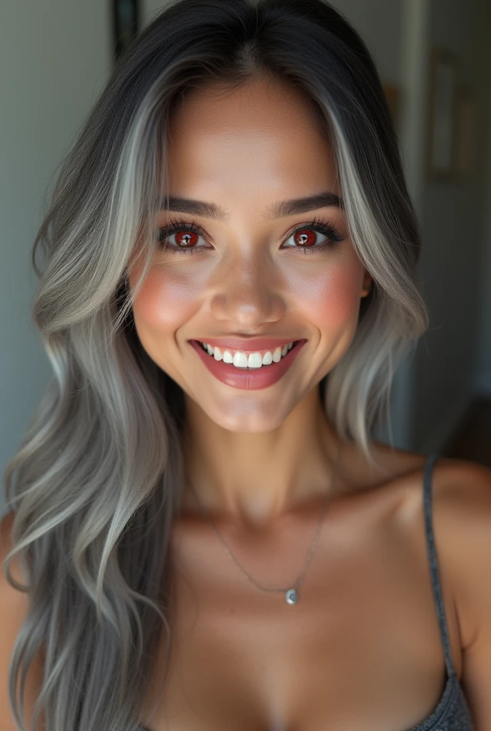 beautiful lady, big smile, ruby eyes, grey long straight hair, dark makeup, hyperdetailed photography, soft light, upper body, shoulders, detailed iris, very detailed iris, detailed eyes, naked, big boobs