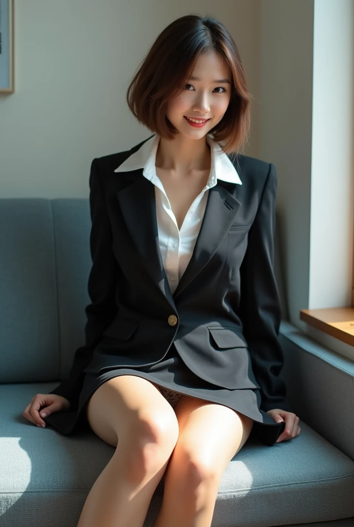 (masterpiece:1.2,8k, raw photo, ultra quality), absurdres, (photo realistic:2), high detail raw color photo,skiny skin, professional photograph,((best quality))、(bare legs:1.2), (navel baring:1.1), A very beautiful Japanese office lady、business suit、Medium skirt,Watch the audience、pointing、upskirt、Panty peeking、White panties、lace-trimmed panties、smile、(View your viewers)、short hair、white background、Sit on a bench、Flash photography、skirt lift、panty peek