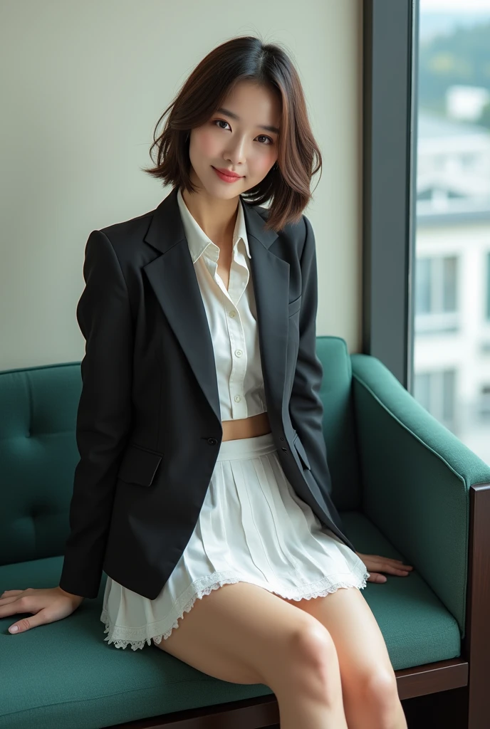 (masterpiece:1.2,8k, raw photo, ultra quality), absurdres, (photo realistic:2), high detail raw color photo,skiny skin, professional photograph,((best quality))、(bare legs:1.2), (navel baring:1.1), A very beautiful Japanese office lady、business suit、Medium skirt,Watch the audience、pointing、upskirt、Panty peeking、White panties、lace-trimmed panties、smile、(View your viewers)、short hair、white background、Sit on a bench、Flash photography、skirt lift、panty peek