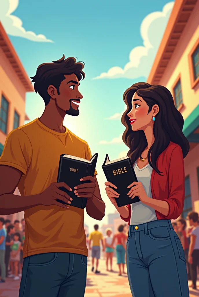 Competition between a young man and a young woman with a Bible each and with a more colorful and cheerful background
