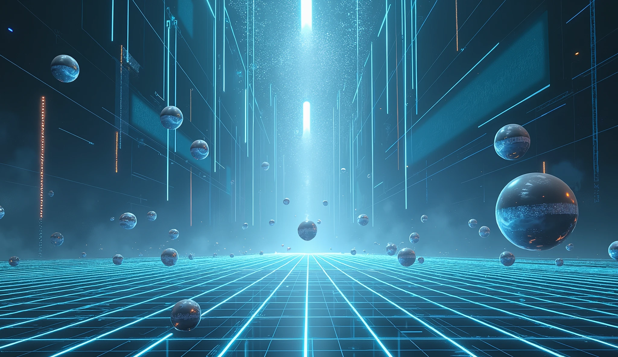 a landscape shot from The Tron movie of the The Sea of Simulation area that existed within the ENCOM Mainframe,[1] the Sea of Simulation featured a geometric surface from which digital "bubbles" or spheres slowly floated upward; these could be hazardous for vehicles flying over the area. The sea also frequently generated gridbugs, insect-like creatures which could cause glitches in the system. The most common method of transport over the sea was by Solar Sailer, with frequent beams crossing the sky; recognizers could also use the beams for navigation and support. in the style of IMAX FILMS. surreal world, realistic, photorealism, high resolution, best quality, sharp details, 4K HDR