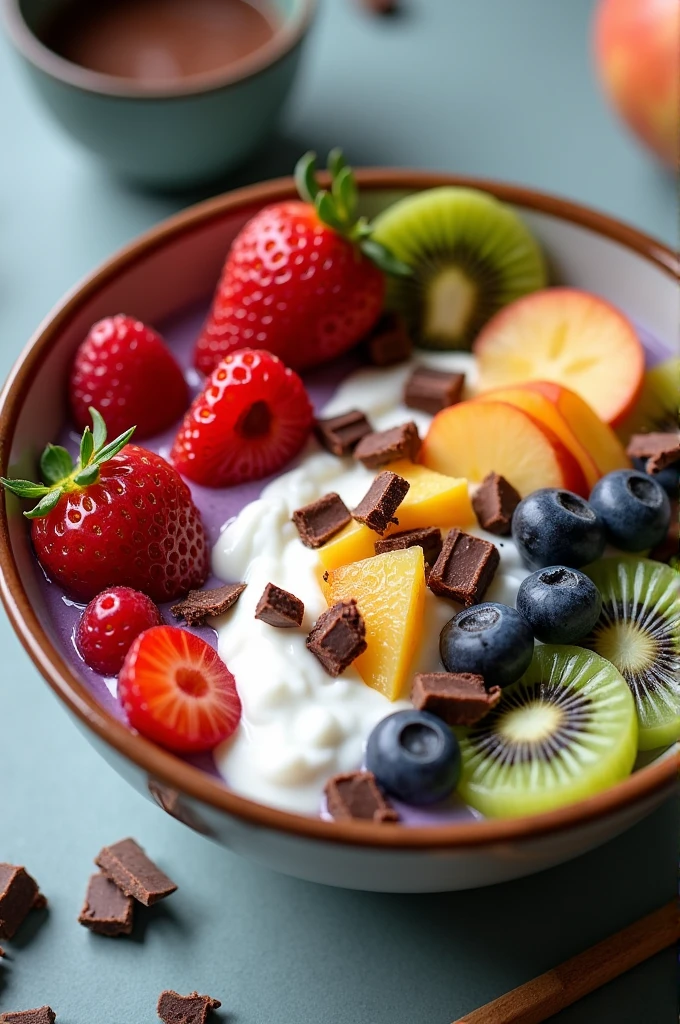 bowl with Greek yogurt, kefir, berries, kiwi, apple and dark chocolate