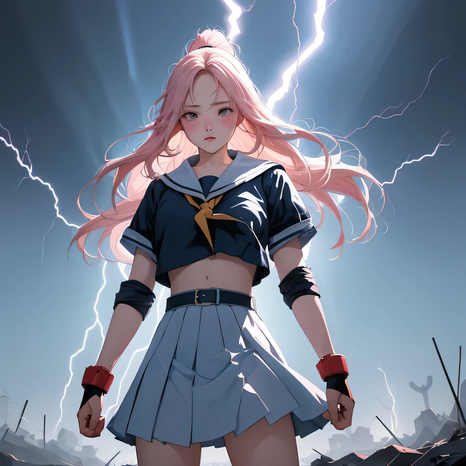 masterpiece、Bold, anime-style illustration、Dense painting、Humorous and crazy。1 high school girl、Cinematic lighting、「Awakening」A transformative and inspiring theme、Clench your fists、A high school girl standing up strong、The background is a desolate land、lightning、Lightning strikes her。