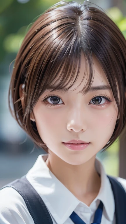 (8k, Photorealistic, RAW Photos, Best image quality: 1.4), Japanese girl、Short Bob、Super detailed face、Eye on the details、double eyelid、Sharp focus:1.2、Beautiful woman:1.4、Light brown hair、Highest quality、masterpiece、Ultra-high resolution、(Photorealistic:1.4)、Highly detailed and professionally lit smiles、school uniform、Shoulder out、