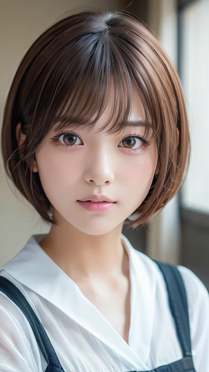 (8k, Photorealistic, RAW Photos, Best image quality: 1.4), Japanese schoolgirl、Short Bob、Super detailed face、Eye on the details、double eyelid、Sharp focus:1.2、Beautiful woman:1.4、Light brown hair、Highest quality、masterpiece、Ultra-high resolution、(Photorealistic:1.4)、Highly detailed and professionally lit smiles、school uniform、Shoulder out、