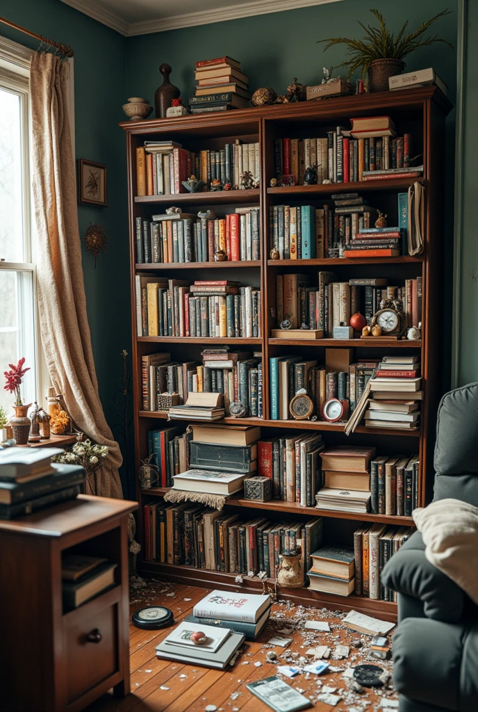 Super detailed、Ultra HD、In an ordinary house、A photo of a disorganized bookshelf with a messy arrangement。