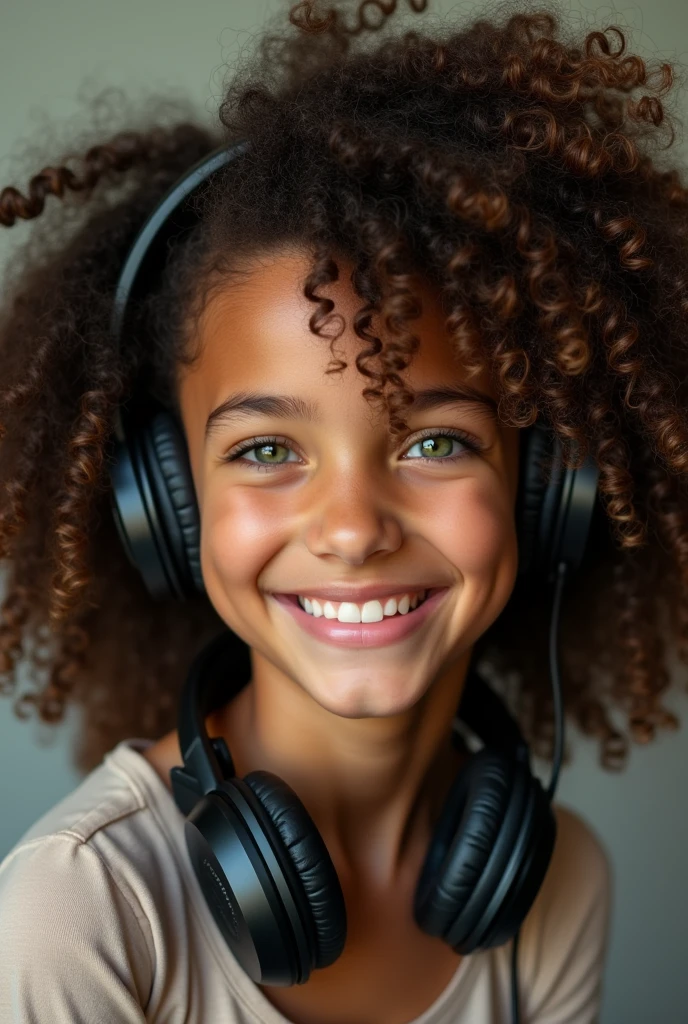 beautiful colombian girl with big and curly hair and green eyes, wearing a headphone
