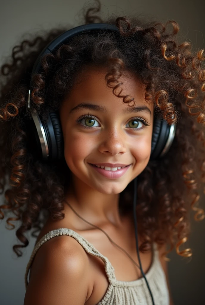 beautiful colombian girl with big  and curly hair and green eyes, wearing a headphone