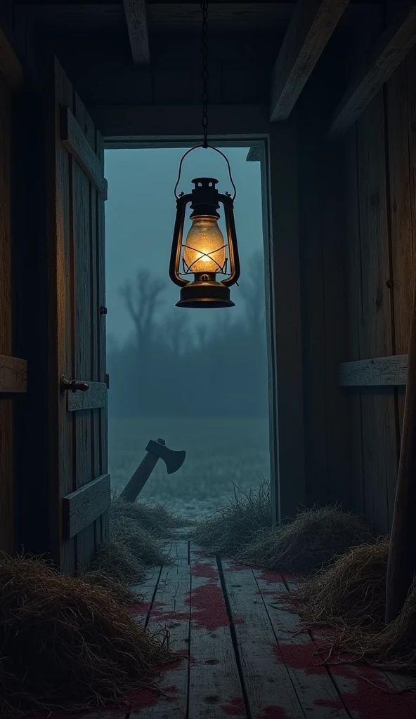 An eerie depiction of a barn interior at dusk, with dark, blood-stained hay scattered across the floor. A broken lantern hangs from a beam, casting dim, flickering light. In the shadows, the faint outline of an axe is visible, adding a sense of foreboding. The atmosphere is tense and chilling, with cold, muted colors and deep shadows."