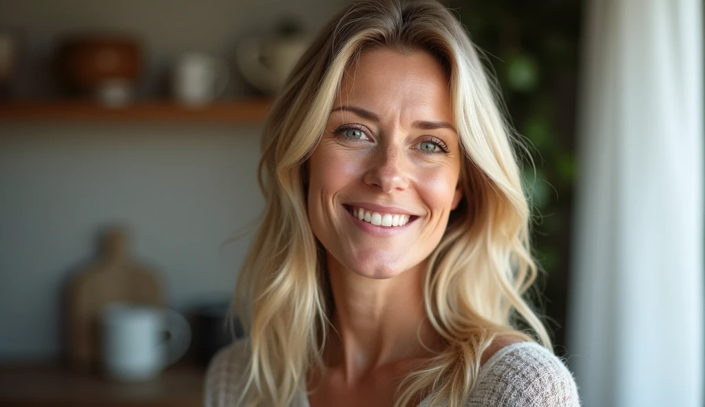 (((40 year old woman))),(((hair blonde,Scandinavian,clear eyes,light brown skin,)))dappled,girl next door,Natural Photos, (((spontaneous photo,55 mm lens,)))permissive,in house, Background also sharp,(((smiling))), Further away from the camera ,natural posture, Don't look at the camera, (((The whole body should be visible))),(((side view)))