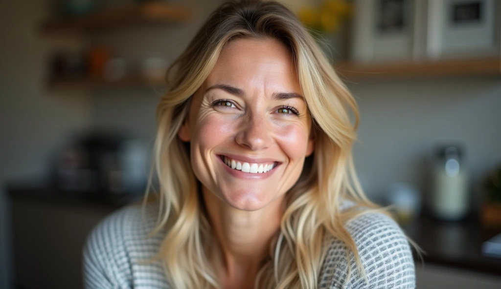 (((40 year old woman))),(((hair blonde,Scandinavian,clear eyes,light brown skin,)))dappled,girl next door,Natural Photos, (((spontaneous photo,55 mm lens,)))permissive,in house, Background also sharp,(((smiling))), Further away from the camera ,natural posture, Don't look at the camera, (((The whole body should be visible))),(((side view)))