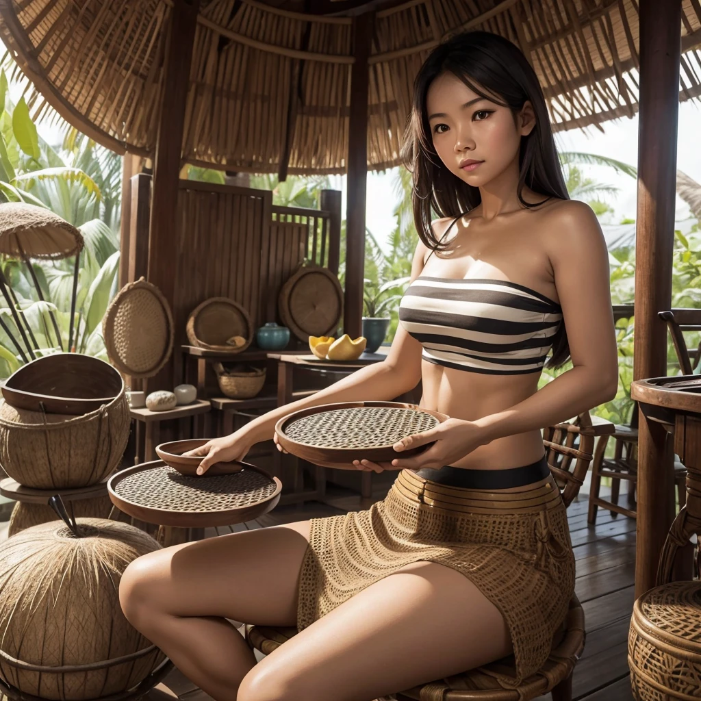 The picture shows a Thai woman sitting on an antique coconut grater chair with a tray on the floor, wearing a brown striped tube top and dark hair, scraping coconut.
